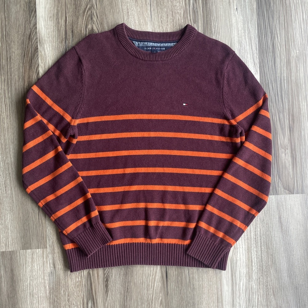 TOMMY HILFIGER Jumper Sweater Mens M Crew Neck Striped‎ Cotton Orange Maroon